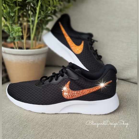 Bling Nikes Tanjun Shoes Custom with Orange Crystal Rhinestones Women's Sneakers - Picture 4 of 5